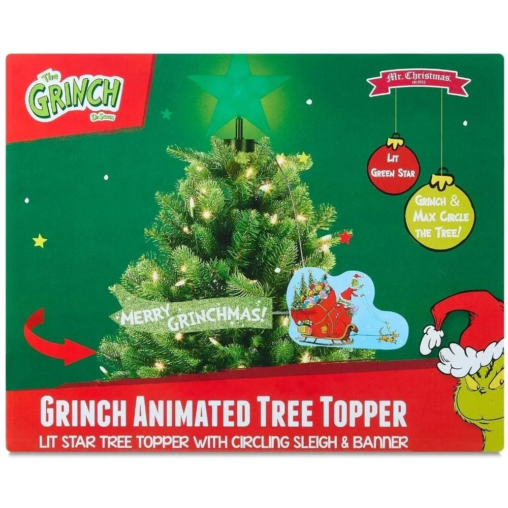 Mr. Christmas Animated Grinch Sleigh Tree Topper w/ LED Star, Sleigh & Banner